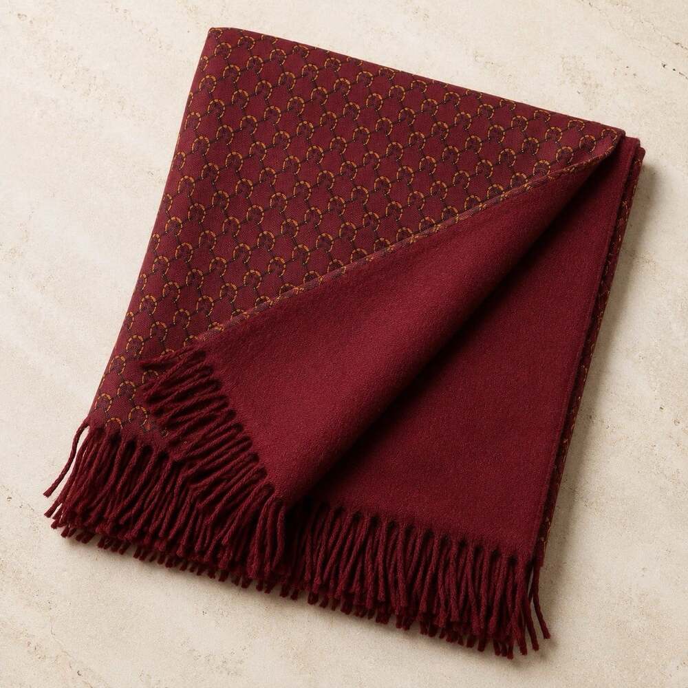 Hermes Paris Cashmere Wool Scarf Burgundy Red H Logo Fringe Muffler Wrap